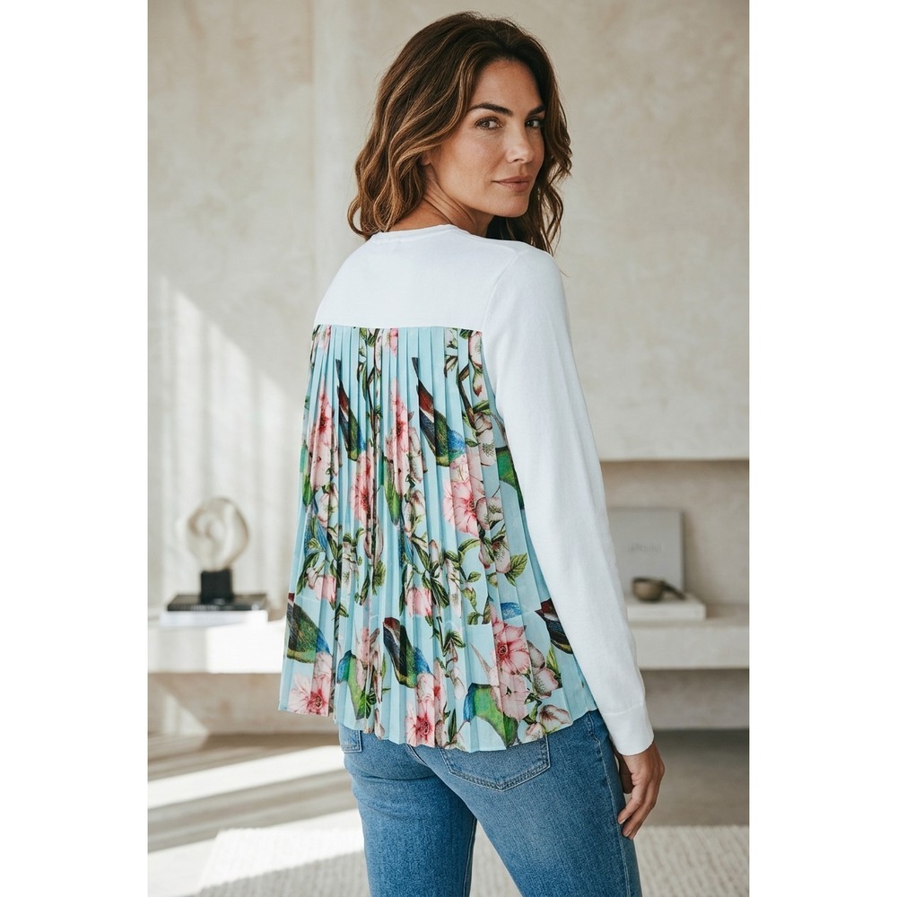 Ted Baker Ferliss Cardigan Women White Pleated Floral Back Open Front Size 2 (6)